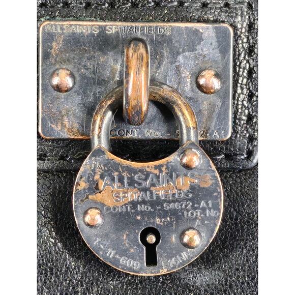 ALL SAINTS DARK BROWN ZIP-AROUND LEATHER WALLET ZIPPER 8" x 4" BRASS LOCK CHARM - Picture 3 of 12